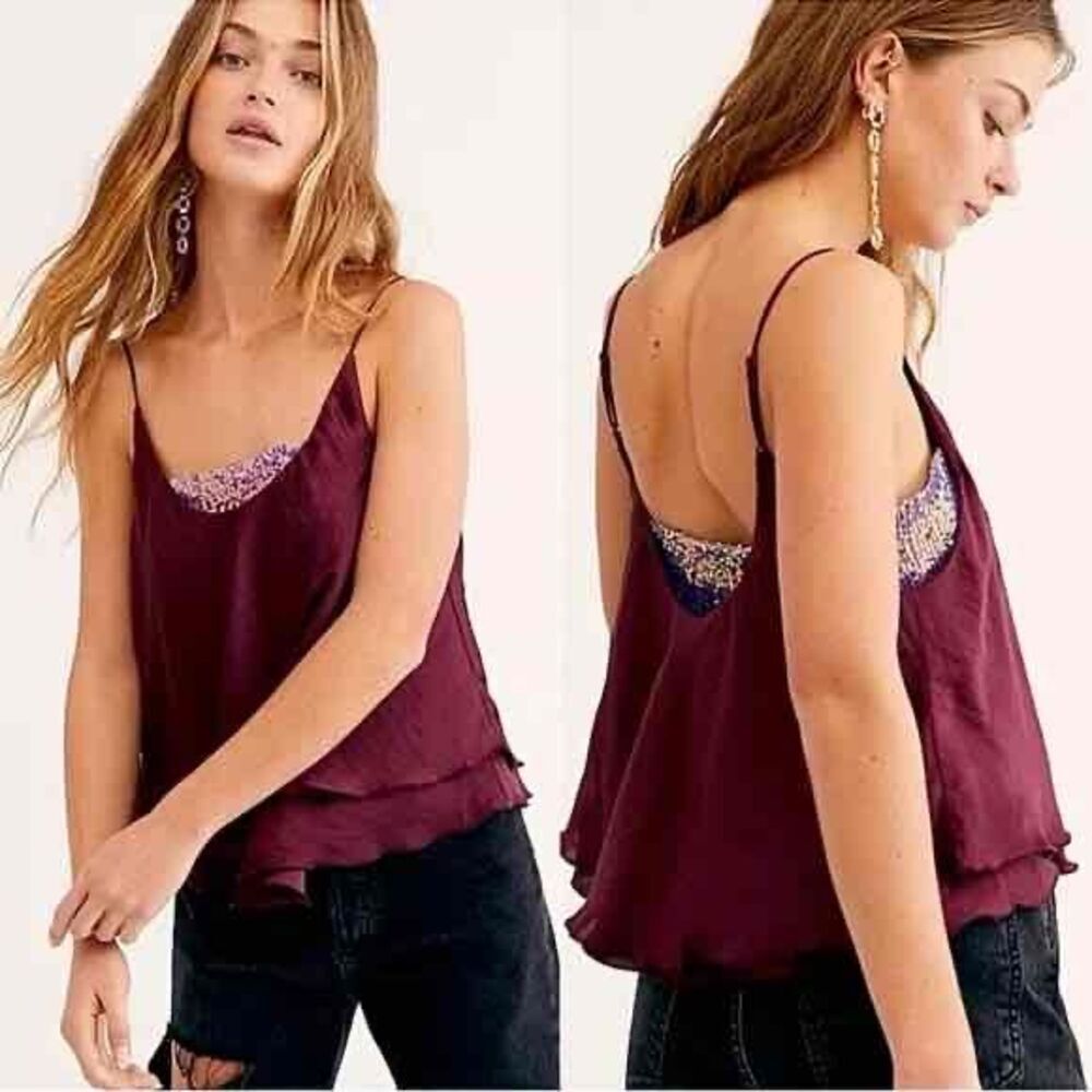 NWOT Free People Turn It On Cami Satin Sequin Top Layered Hem Wine Red Top Small